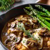 A skillet loaded with mushrooms, chicken, and bright green asparagus.