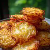 Fried potatoes stacked on a plate.