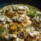 Chicken piled up with creamy mushrooms and fresh herbs.