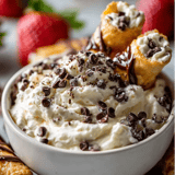 A bowl full of creamy dip topped with chocolate chips and strawberries nearby.